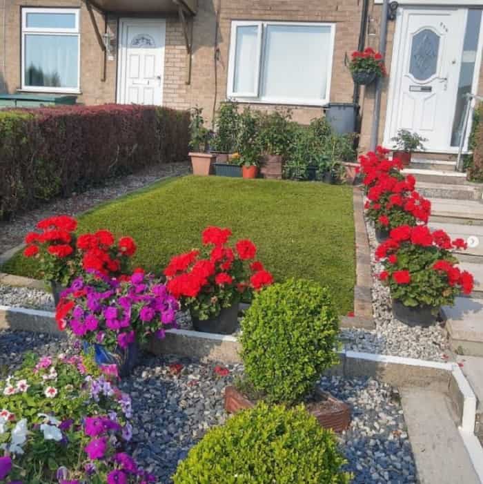Artificial grass in the front garden with various flowers