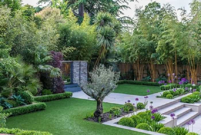Shady and lush garden design with artificial grass