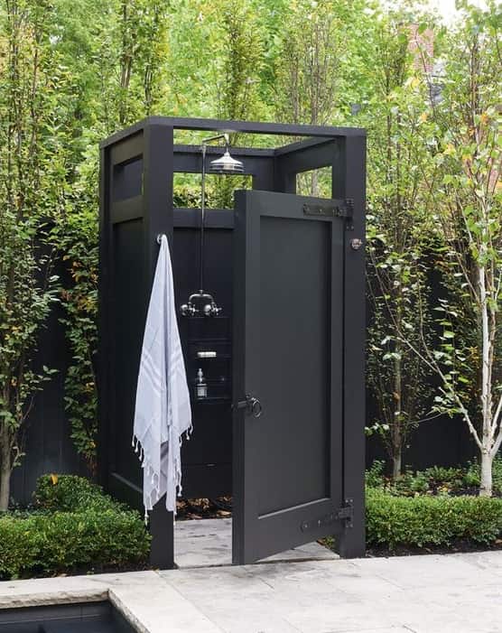 Black color outdoor pool bathroom design