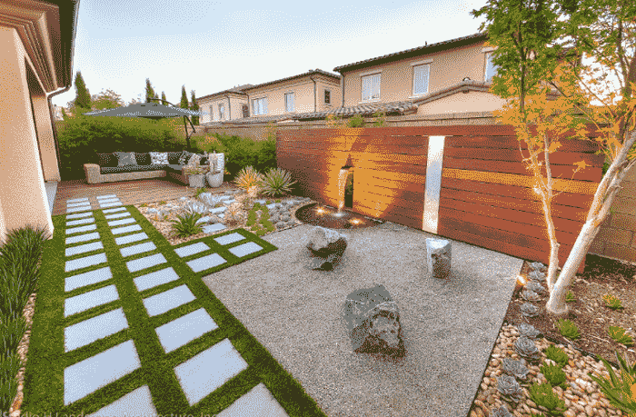 Modern garden with a zen touch, artificial grass and pavers