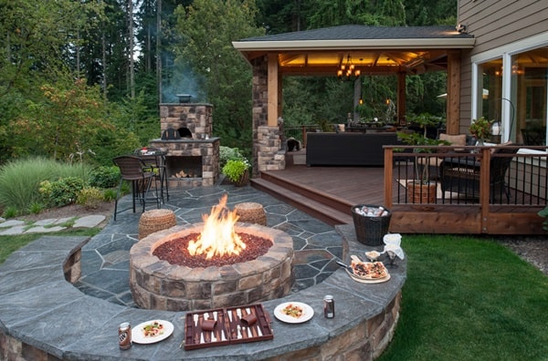 Curved Stone Patio with Central Fire Pit