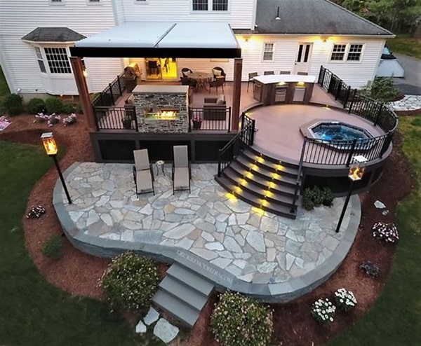 Curved Wood Deck and Stone Patio