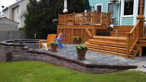 Custom built wood deck and stone patio