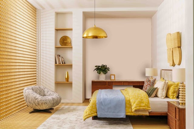 Bedroom Renovating with a Stylish Modern Design Featuring Wooden Bed, Yellow and Blue Bedding, Cozy Lounge Chair, and Warm Golden Lighting
